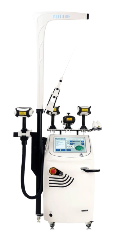Na obrázku sa nachádza lekársky laser s viacerými nástavcami od výrobcu Linline a platforma sa volá Multiline laser platform.